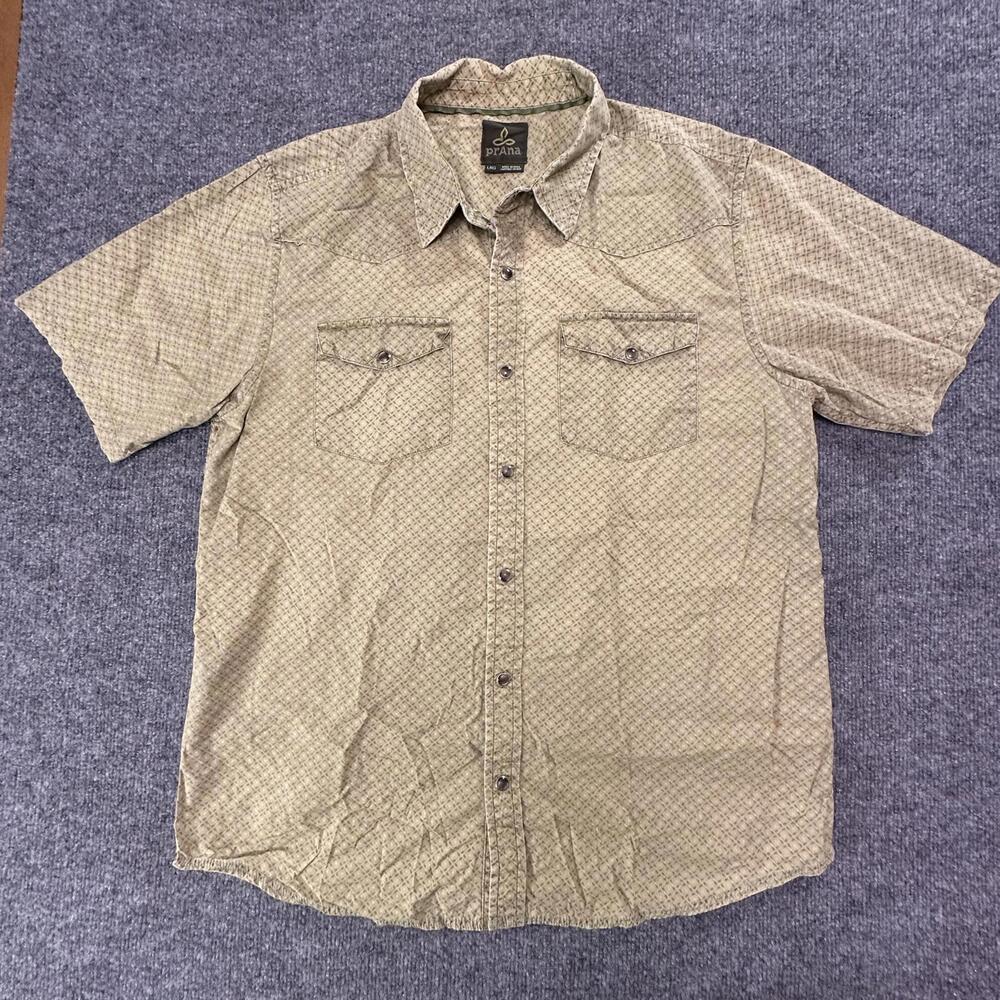 Prana‎ Mens Short Sleeve Button Up Shirt Beige Organic Cotton Pattern Large 576